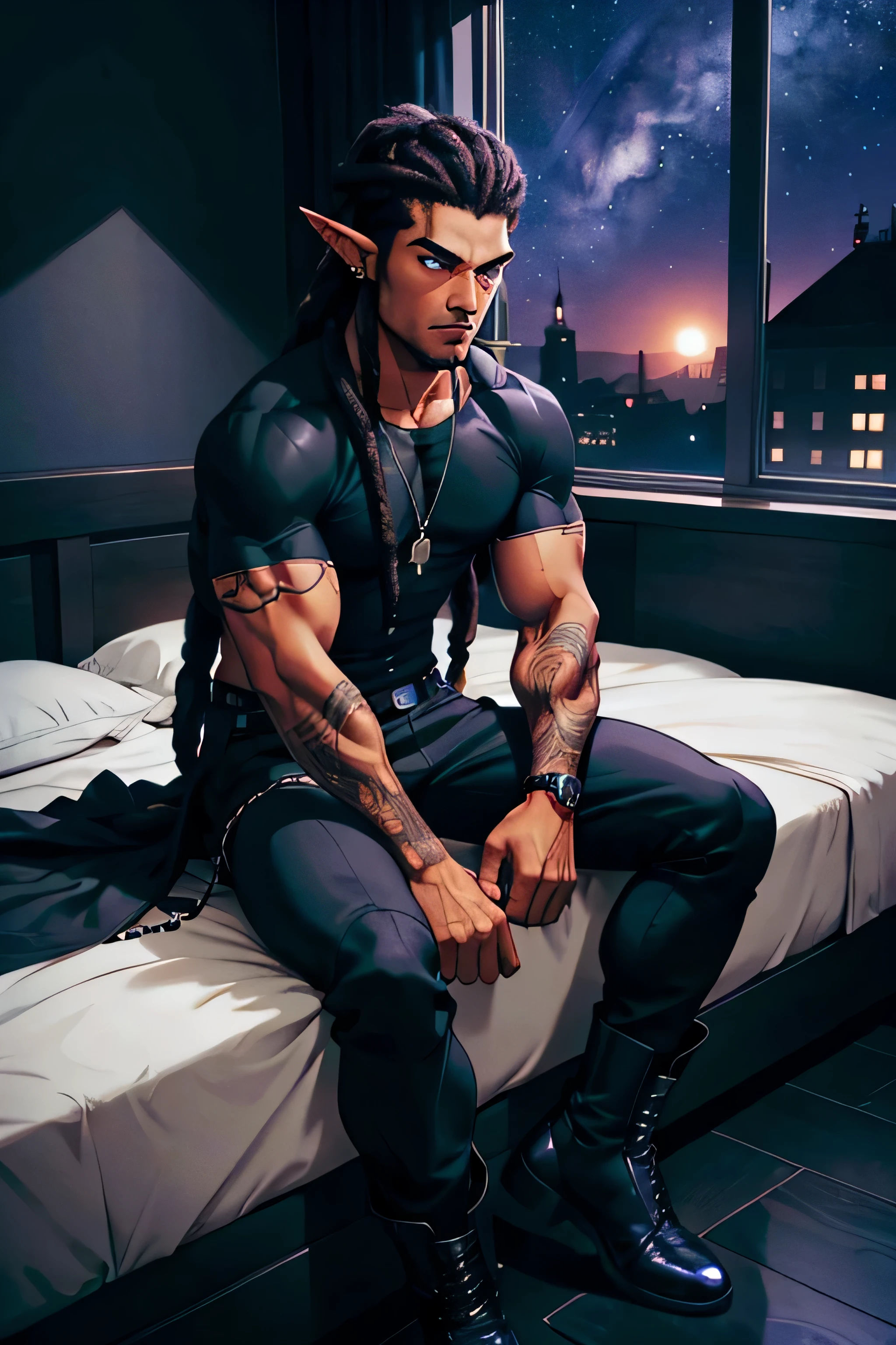 Body builder, buff, bedroom, purple eyes, black hair, dread locks, loose, black T-shirt, black pants, black goth boots, ear piercings, sitting, dark skin, dude, black dude, window with night sky, night time, long hair, dreads, tattoos, elf, pointy ears, male, African American, black clothing, black outfit, stars in sky, gothic bedroom, black bed, black bedsheets, black blanket, sitting on bed, black walls, black floor, 