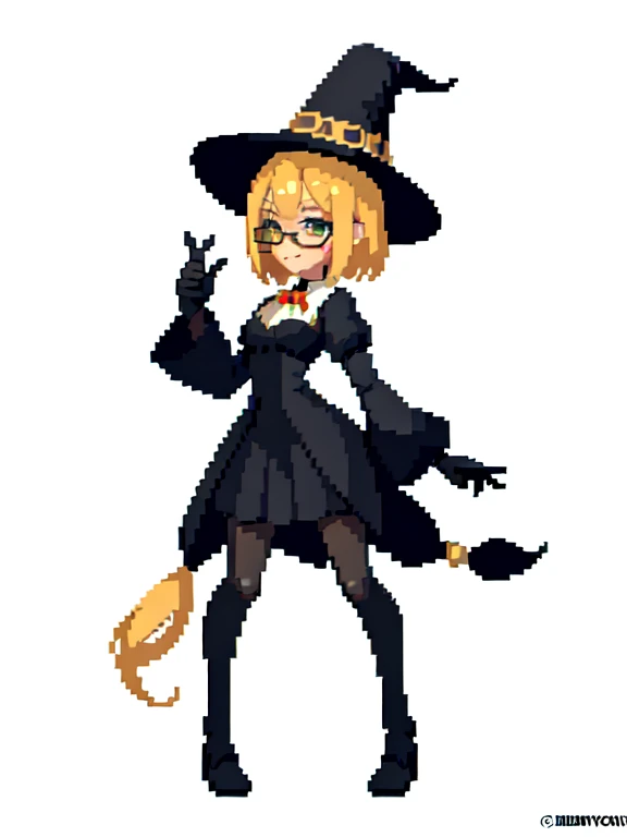 (masterpiece, top quality, best quality), pixel,pixel art,1girl,short blonde hair,glasses,witch clothes and hat,black clothes,full body,