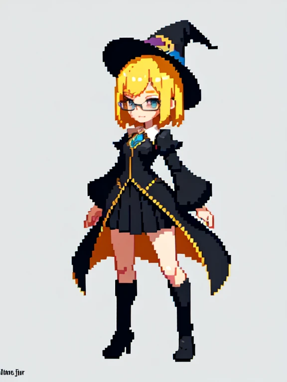 (masterpiece, top quality, best quality), pixel,pixel art,1girl,short blonde hair,glasses,witch clothes and hat,black clothes,full body, 
 