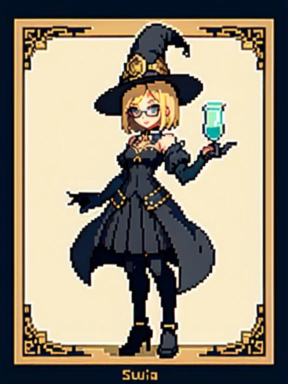 (masterpiece, top quality, best quality), pixel,pixel art,1girl,short blonde hair,huge breast,glasses,witch clothes and hat,black clothes,full body, 
 