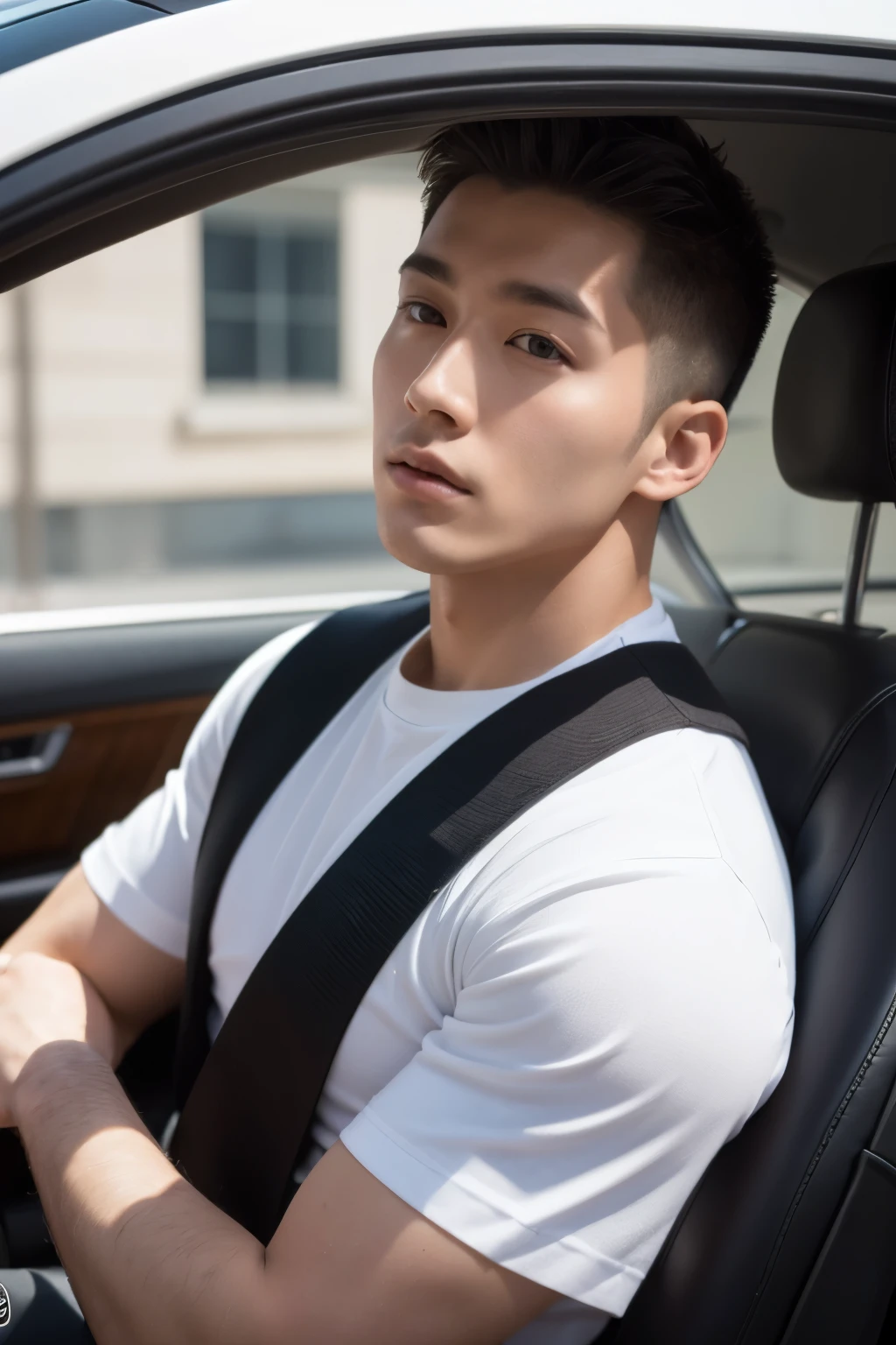 (32k, Masterpiece, Best Quality, Realistic-Photo, High Resolution, Textured Skin, Super Detailed, High Detailed), (white and smooth skin, Realistic Human Texture Skin with Ultra detailed), (Big Bulge, Huge Bulge)(handsome, sharp, wild facial features),Korean Man 20 year old, Totally Naked Driving open roof sport car