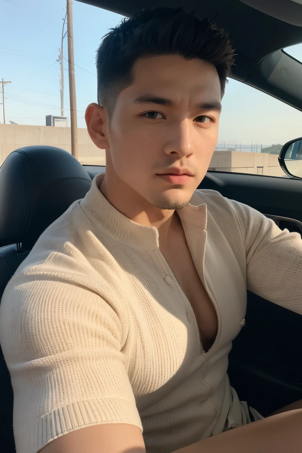 (32k, Masterpiece, Best Quality, Realistic-Photo, High Resolution, Textured Skin, Super Detailed, High Detailed), (white and smooth skin, Realistic Human Texture Skin with Ultra detailed), (Big Bulge, Huge Bulge)(handsome, sharp, wild facial features),Korean Man 20 year old, Totally Naked Driving open roof sport car