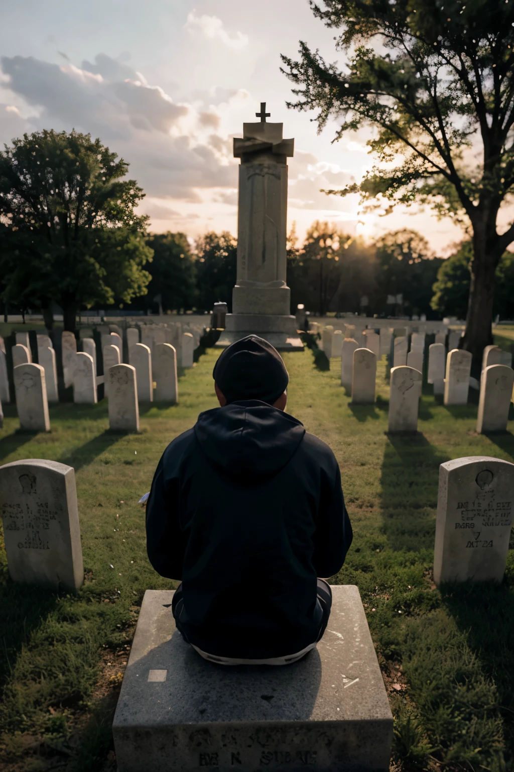 Man in a hoodie looking at a soldier's grave stone, photo from behind, from a distance