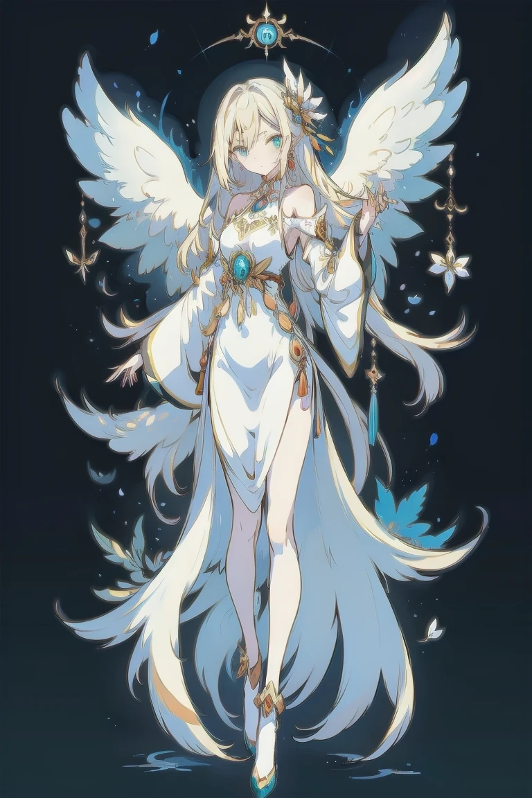 (Designed by nty:1.4),Full body portrait of 1 girl, Yoshitaka Amano character design,solo,Angelic, symmetric beauty, the angel's wings, Gorgeous long dress, The stands up, (((solo))), Colorful collocation，Clear facial features, Clean line design, Magical elements, future-tech, ((tarot card background)), Standing figure of the figure, ((flatcolors)), (tmasterpiece，top-quality，Best quality，Ultra-high resolution), ((exquisite facial features，Clear facial features，beautidful eyes，beauitful face))