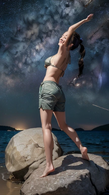 Tabletop, (highest quality), 23 years old,Very detailed, finely, (High resolution), (8k), ((Perfect rear view composition)), Natural color lip,(ponytail:1.3),((A girl sits with her legs spread apart on a rock)),(sitting barefoot on the sand:1.3),((bikini)),((Vermilion Dolphin Shorts),((whole body:1.3),,((shrapnel:1.3)),((Perfect rear view:1.3)),((The magnificent Milky Way floating in the night sky)),((Pose with your arms raised above your head)),(Please look back and smile),((Thigh F-band)),((Big Ass)),((Ample breasts)),(Ample breasts),(Small Pareo),