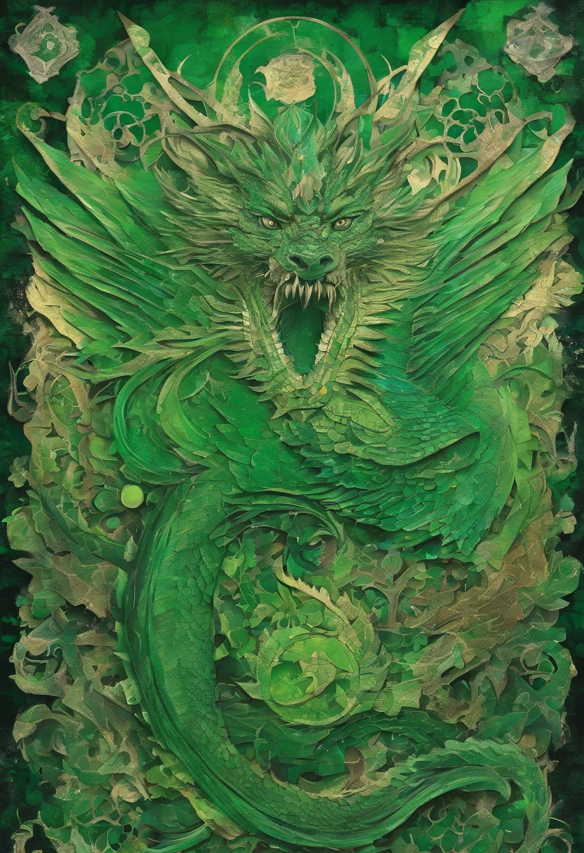 emerald green dragon irish green, grand magicien puissant, intense penetrating gaze, posture Grand sage visionnaire, green forest background ::2 colorful ink painting ::2 art fantasy
