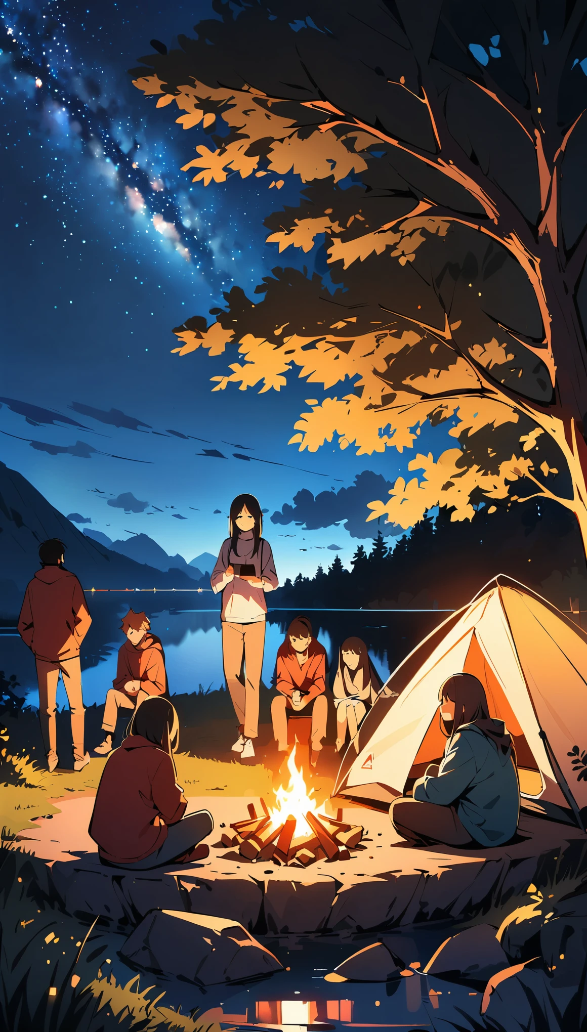 (high quality, 8k, 4K, High Contrast, masterpiece:1.2, 最high quality, Best aesthetics), campfire, night lakeside, Tents and camping gear, People sitting around a fire, A person stuffing their face with food, Man standing next to a tent, smile, Look up at the starry sky, Fun time, Spacious, Soft bonfire light, Best memories,