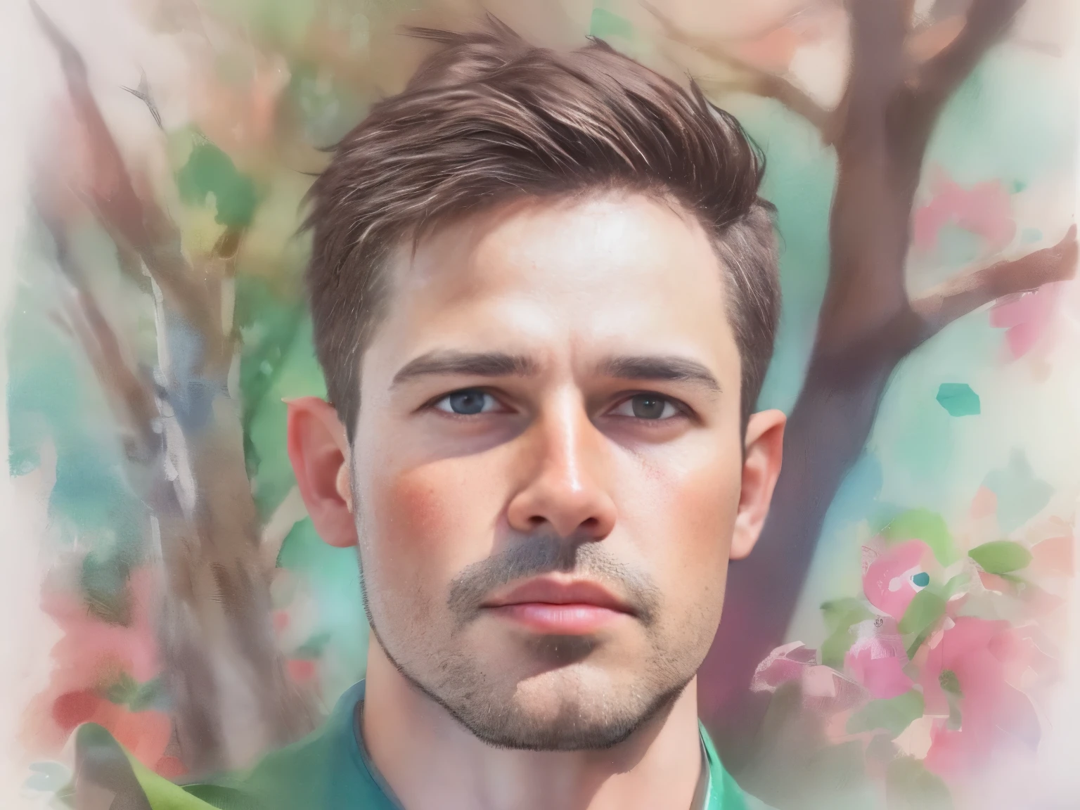 (a watercolor and pencil drawing of an incredibly handsome 31-year-old man with short dark brown hair, red-lips, olhos castanhos, corpo magro em forma, cores vivas, background with blue sky and trees