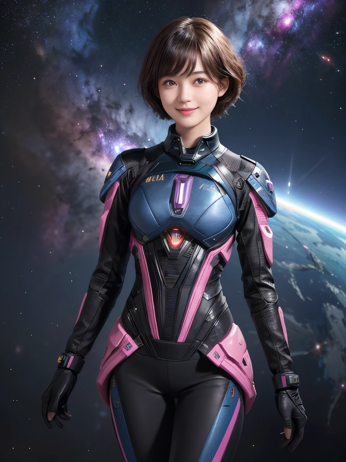 212 Short Hair, 20-year-old woman, A kind smile, Floral, Futuristic clothing, machinery suit, (The background is a galaxy and nebula), ((Separate top and bottom々Clothes))