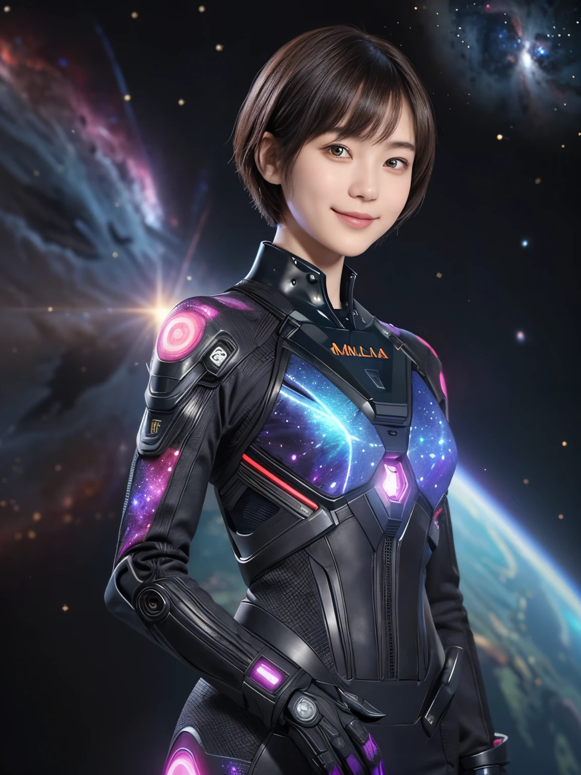 212 Short Hair, 20-year-old woman, A kind smile, Floral, Futuristic clothing, machinery suit, (The background is a galaxy and nebula), ((Separate top and bottom々Clothes))