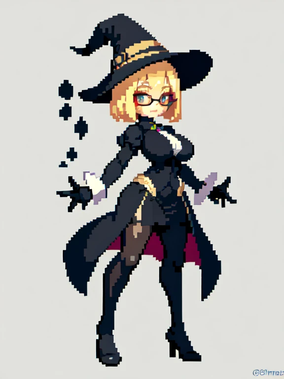 (masterpiece, top quality, best quality), pixel,pixel art,1girl,short blonde hair,medium breast,glasses,witch clothes and hat,black clothes,laying on the bed,full body,