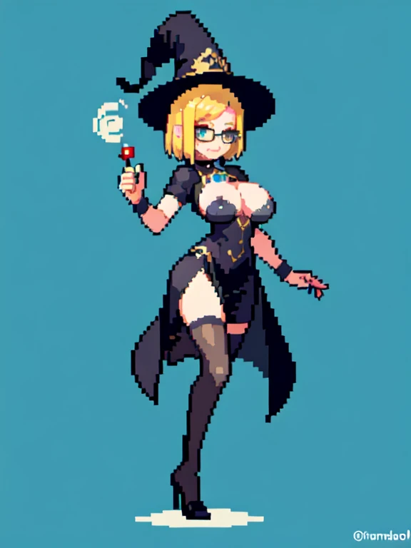 (masterpiece, top quality, best quality), pixel,pixel art,1girl,short blonde hair,huge breast,glasses,witch clothes and hat,black clothes,full body, 
 