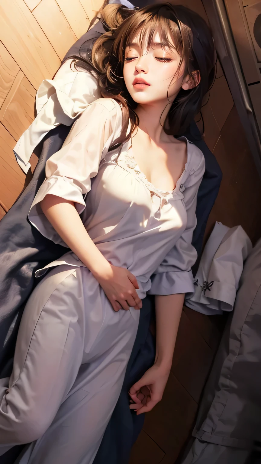A girl is lying unconscious on the floor、Eyes closed、Nightwear、gown