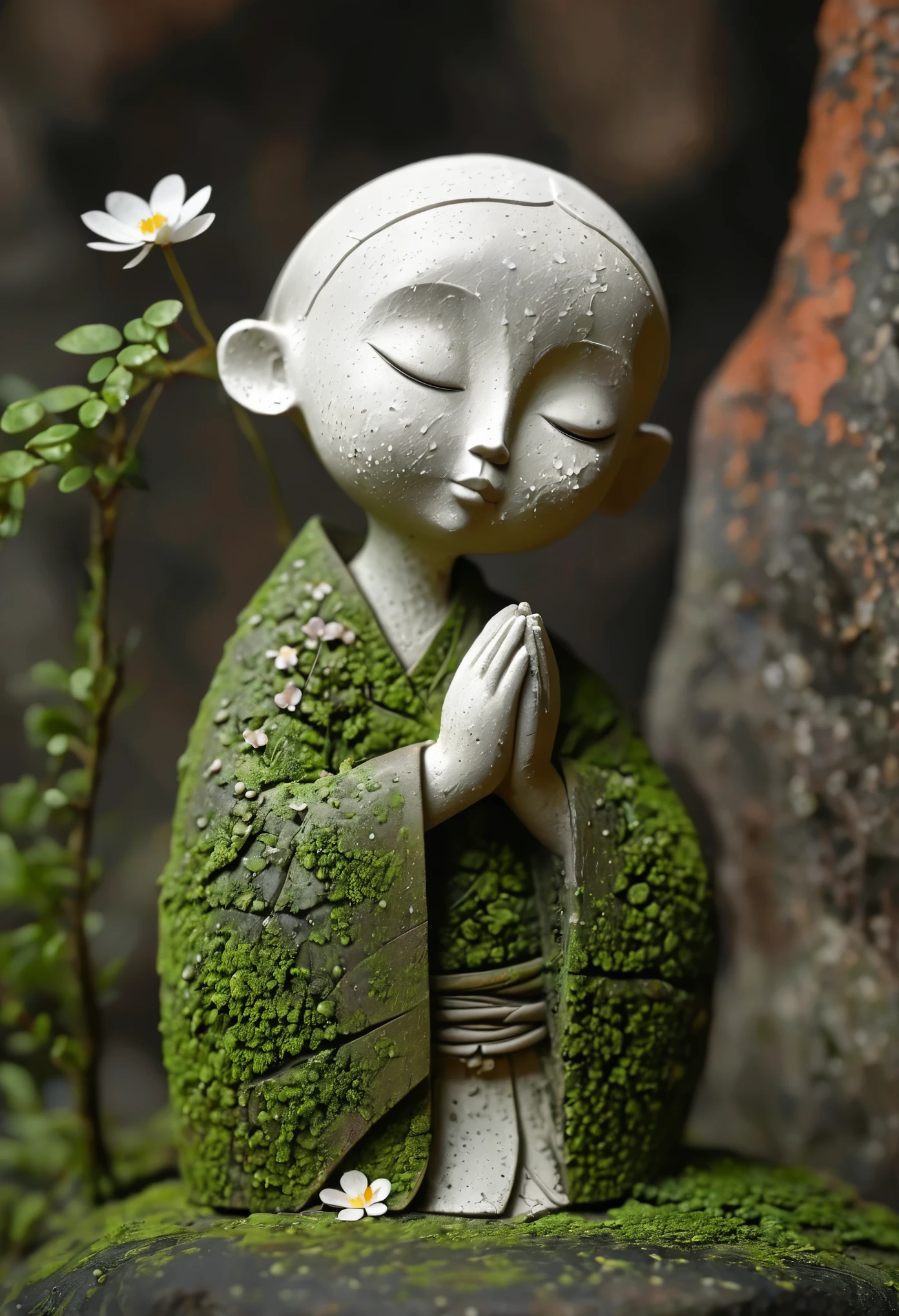 Abandoned clay sculpture，Minimalist Sculpture，3D， Bald little monk,  blush,Rough surface，Surface patterns and textures，Surface scratches，grainy，old，shattered。moss，rain，A small white flower