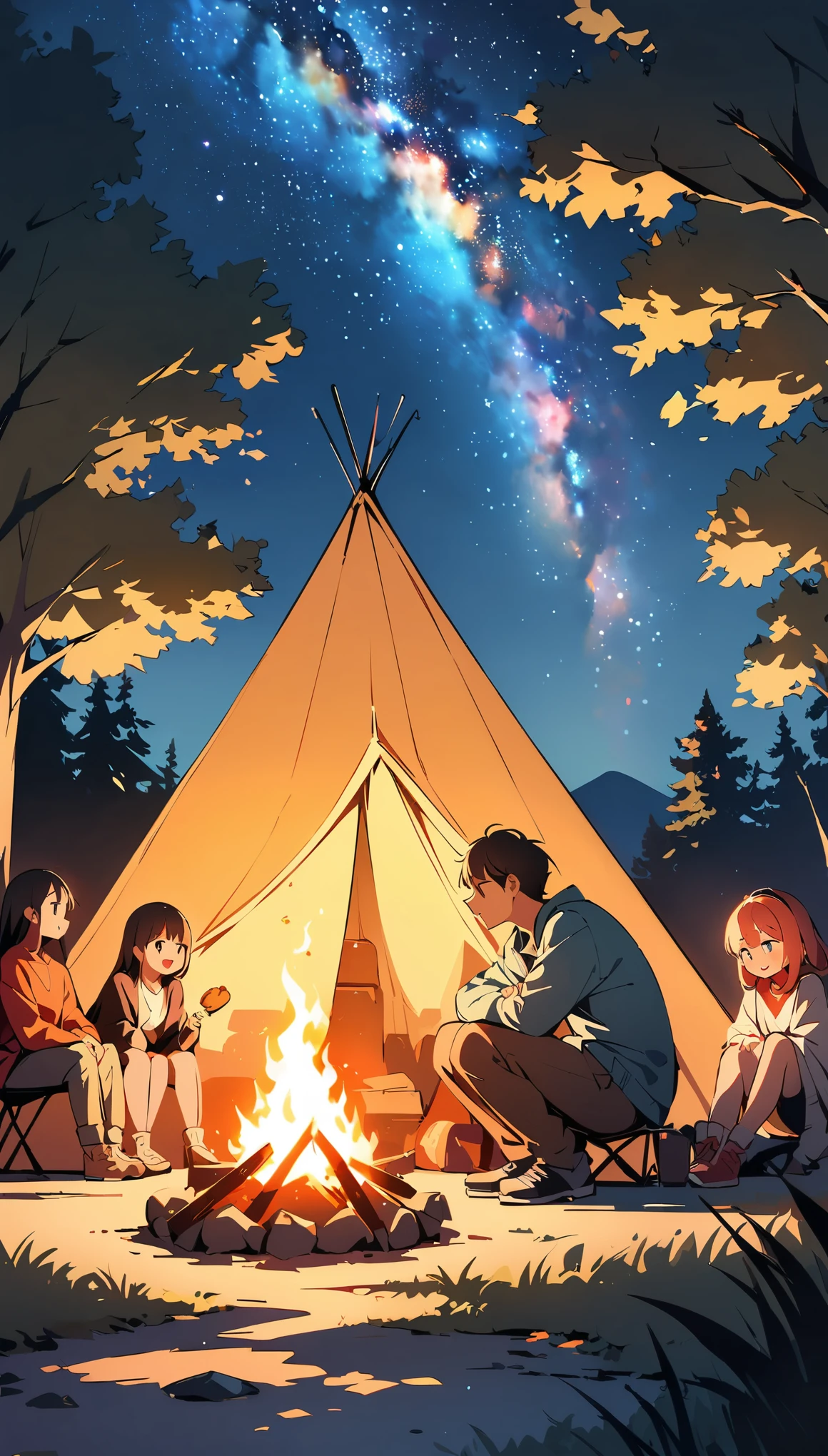 (high quality, 8k, 4K, High Contrast, masterpiece:1.2, 最high quality, Best aesthetics), campfire, night lakeside, Tents and camping gear, People sitting around a fire, A person stuffing their face with food, Man standing next to a tent, smile, Look up at the starry sky, Fun time, Spacious, Soft bonfire light, Best memories,