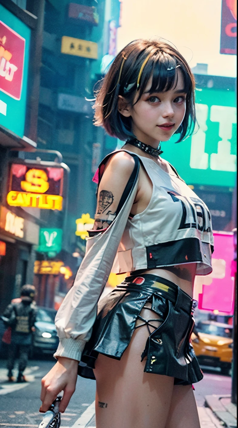 A colorful Bob cut haired punk canadian girl, smooth white skin, innocent look, , Ultra high res, uhd, (photorealistic:1.4), cyberpunk outfit, ripped shirt, wink, smiling ear to ear, neon lighting, crop top vest, wearing short skirt, colorful loose socks, full body shot, head to toe, fish eye lens, vogue pose, modelling,