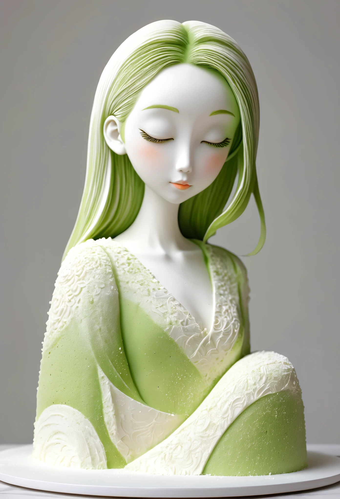 (best quality,ultra-detailed,realistic:1.37),white cake,dessert,delicious,matcha powder,minimalistic carving,3D sculpture,girl alone,blushing,rough surface, intricate pattern and texture, surface scratches, grainy texture,crumbs