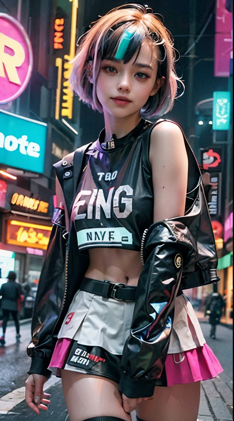 A colorful Bob cut haired punk canadian girl, smooth white skin, innocent look, 15 years old, Ultra high res, uhd, (photorealistic:1.4), cyberpunk outfit, ripped shirt, wink, smiling ear to ear, neon lighting, crop top vest, wearing short skirt, colorful loose socks, full body shot, head to toe, fish eye lens, vogue pose, modelling,