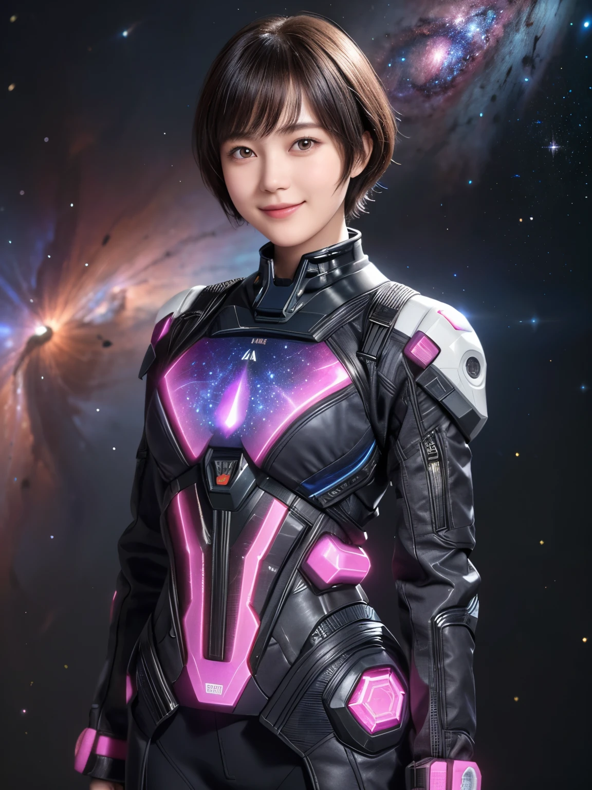 212 Short Hair, 20-year-old woman, A kind smile, Floral, Futuristic clothing, machinery suit, (The background is a galaxy and nebula), ((Separate top and bottom々Clothes))