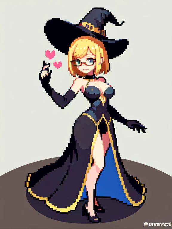 (masterpiece, top quality, best quality), pixel,pixel art,1girl,short blonde hair,medium breast,glasses,witch clothes and hat,black clothes,laying on the bed,full body,