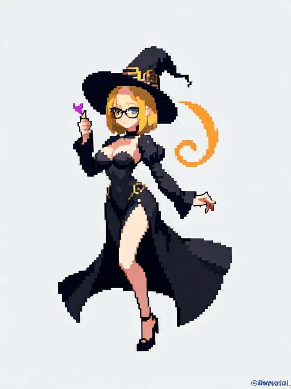 (masterpiece, top quality, best quality), pixel,pixel art,1girl,short blonde hair,medium breast,glasses,witch clothes and hat,black clothes,laying on the bed,full body,