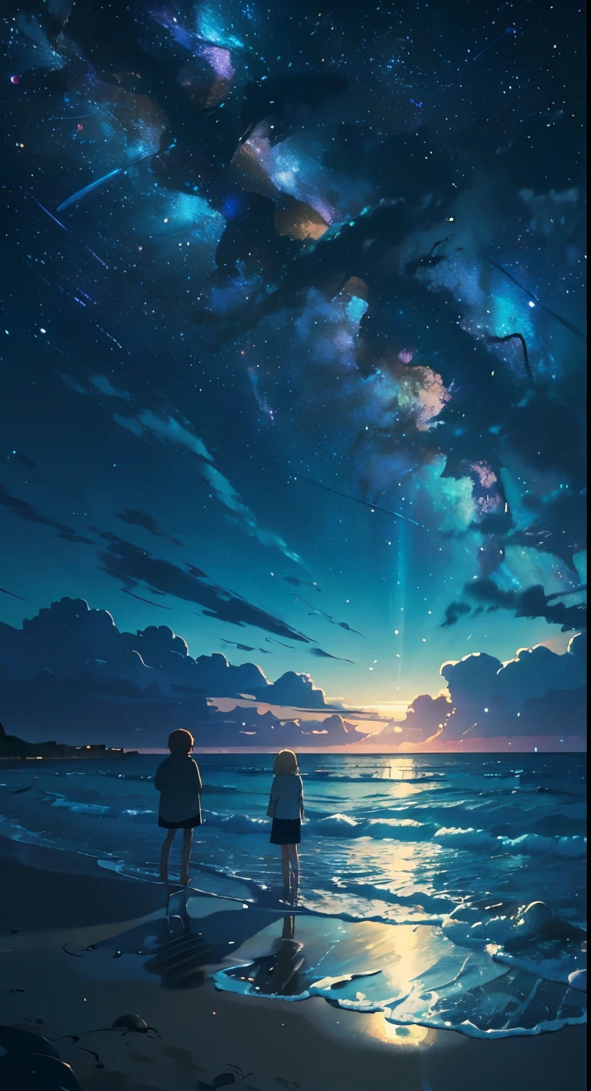 A group of friends, drawn in a soft and gentle anime style, gather on a sandy beach at night. They could be gazing up at a breathtaking view of the Milky Way galaxy, with the waves gently lapping at the shore. Luminous jellyfish could be bioluminescent in the water.