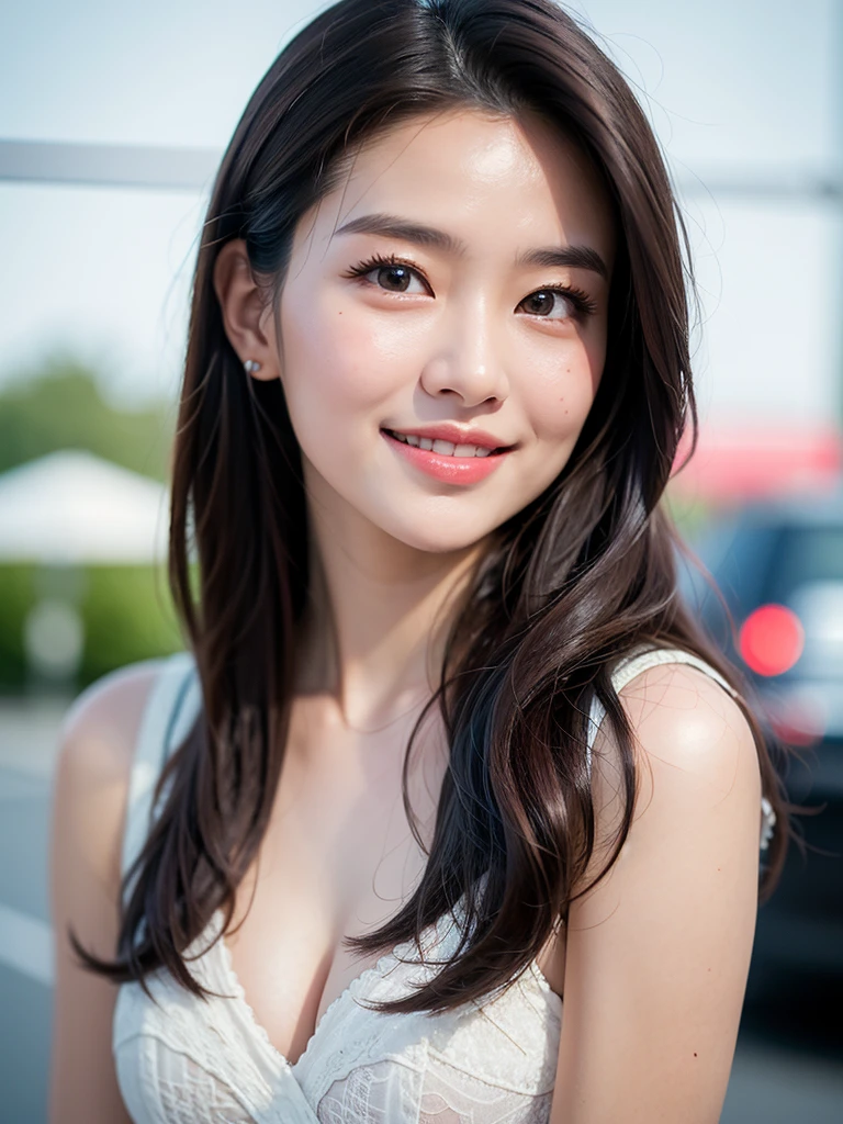 ((highest quality, 8k, masterpiece :1.3)), One girl, smile, whole body, Slim face, Beautiful woman, (Dark brown hair), underwear, whole body, Highly detailed face, Fine grain, double eyelid, Blur the background, Slim face, city, outside, street