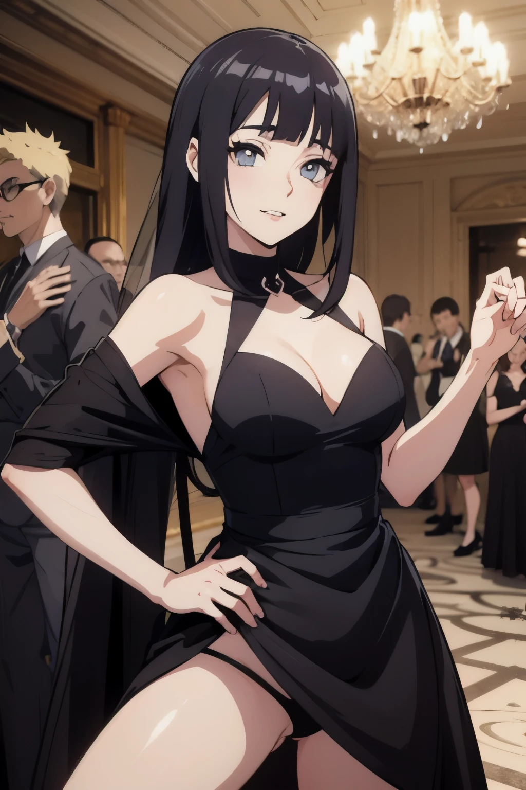 hinata from boruto, black bridal gown, vintage mansion inside background, party background