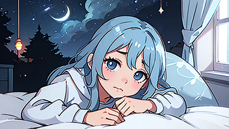 A cute light blue image of a sleepy girl looking up at the night sky from her bed. From afar Anime Style