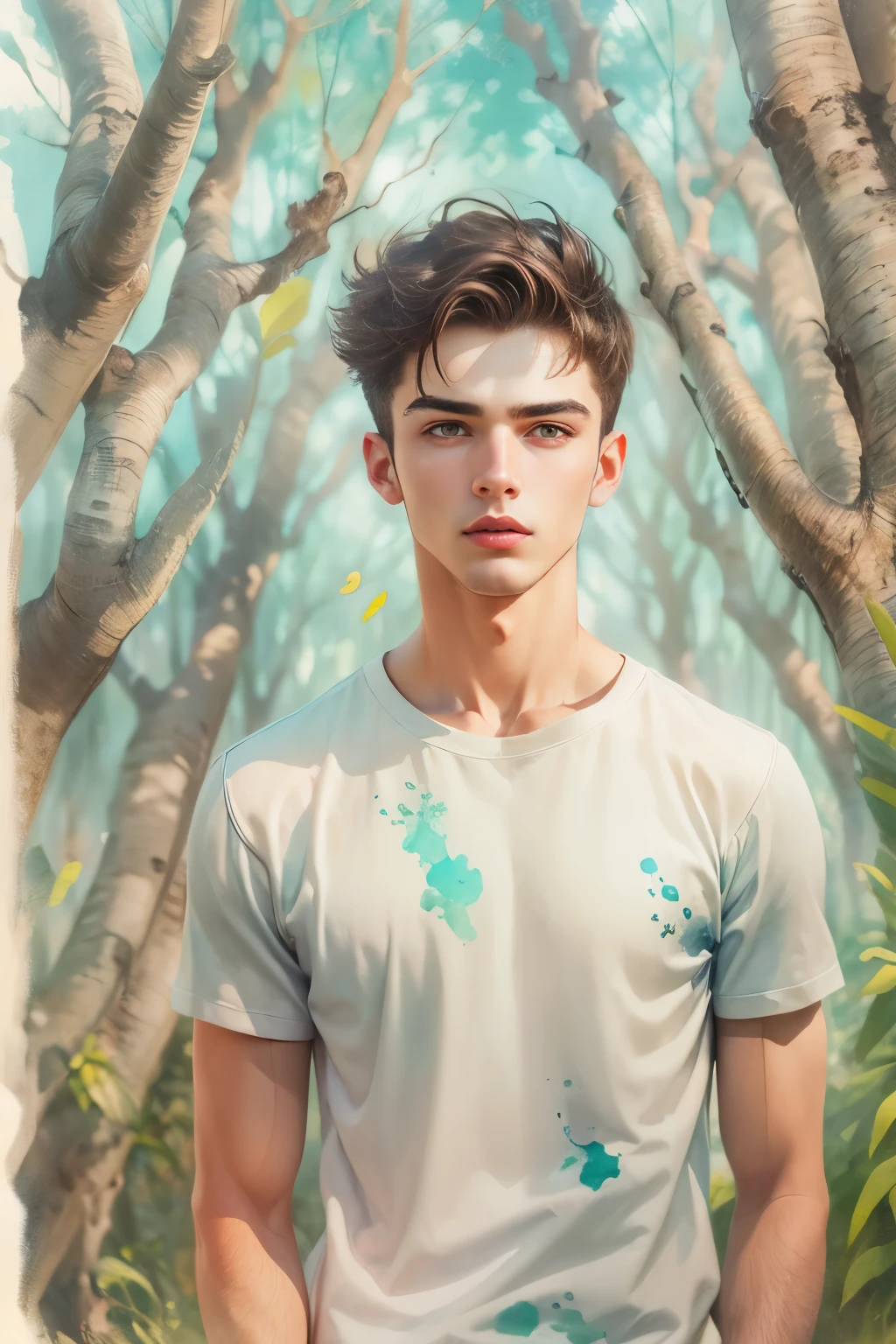 (a watercolor and pencil drawing of an incredibly handsome 20-year-old man with short dark brown hair, red-lips, olhos castanhos, corpo magro em forma, cores vivas, background with blue sky and trees