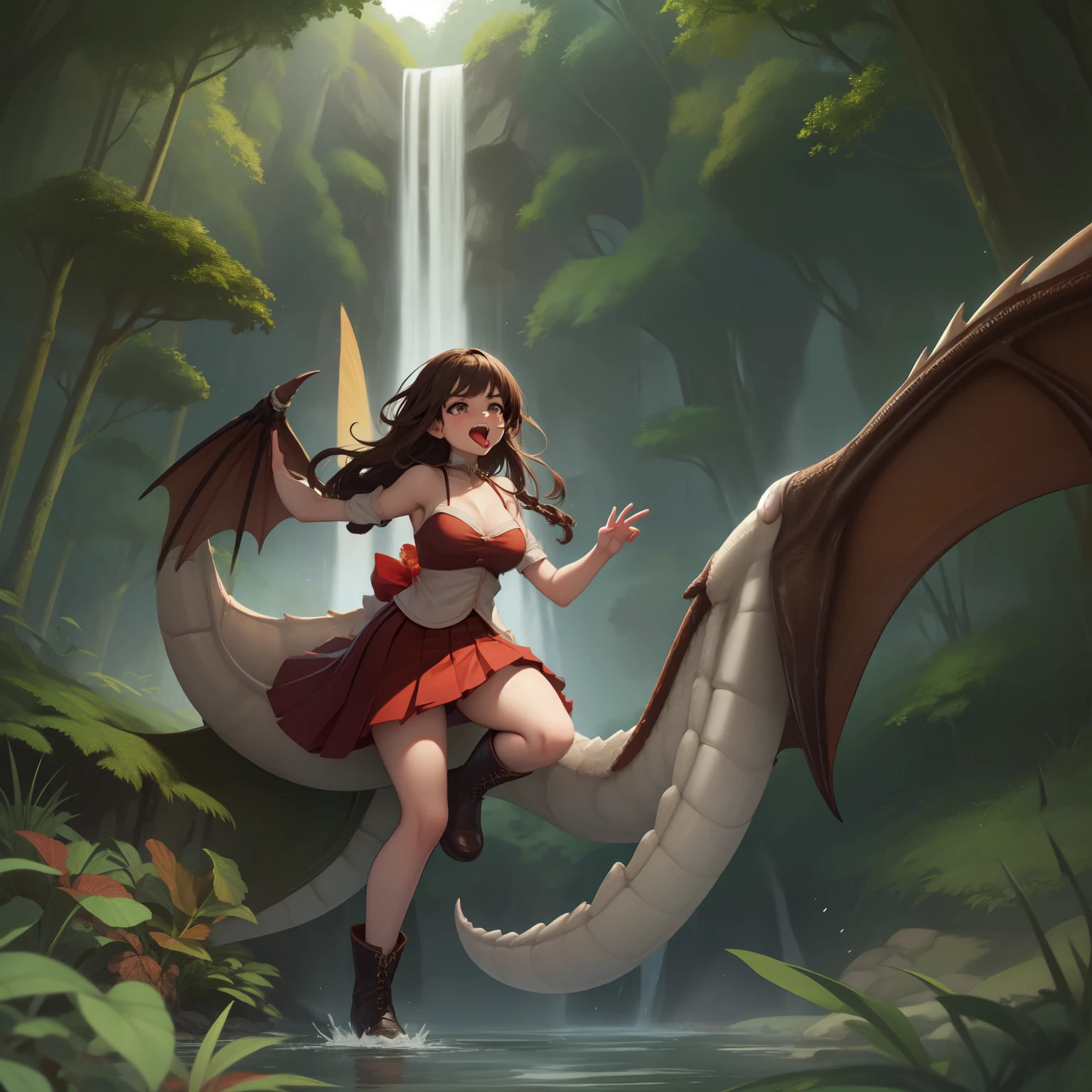 masterpiece,highest quality,Very detailed,1. The Girl and the Dragon,smile,Lower your eyebrows,Squint your eyes,Are crying,tears,Flushed cheeks, ecstasy,Long Hair,brown hair,Braiding,Brown eyes,Exposing shoulders,Exposing breasts,White sleeves,Removable sleeves,Red Skirt,Pleated skirt,背景にwaterfall,Leather boots, BREAK Dragon&#39;s Prey,monster,Open your mouth,tooth,Fantasy,dragon tooth,wing,Waterside in the jungle,Dragon Flying,(giant dragon,Between Jungle,waterfall,Splash,fresh),(((tongue,tongue out,Size Differences,Oversized animals,dragon Open your mouth,Girl in the dragon&#39;s mouth))),