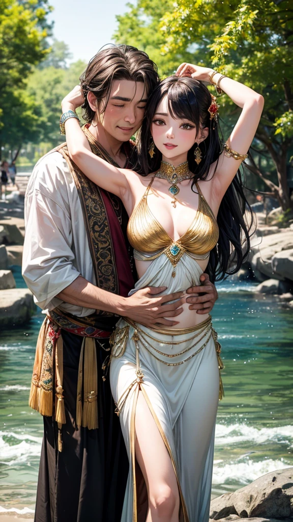 (couple cuddling) rough man Zeus muscles naked, beautiful, sexy, bare breast, cleavage, bare legs, see-through, standing, hanfu, wet, clear, realistic, supreme detail, Chinese mythology, dragon pattern, phoenix, sacred, holy, golden mountains, heavenly palace, countless palaces, clouds, golden light