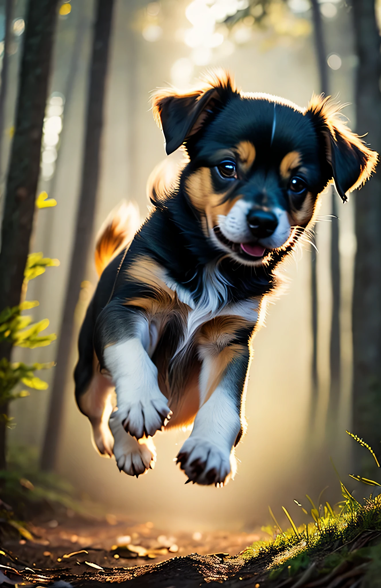 Close-up photo of a very cute puppy jumping in the woods, Soft Volume Light, (Backlight:1.3), (Cinematic:1.2), Intricate details, (Art Station:1.3), Rutkowski