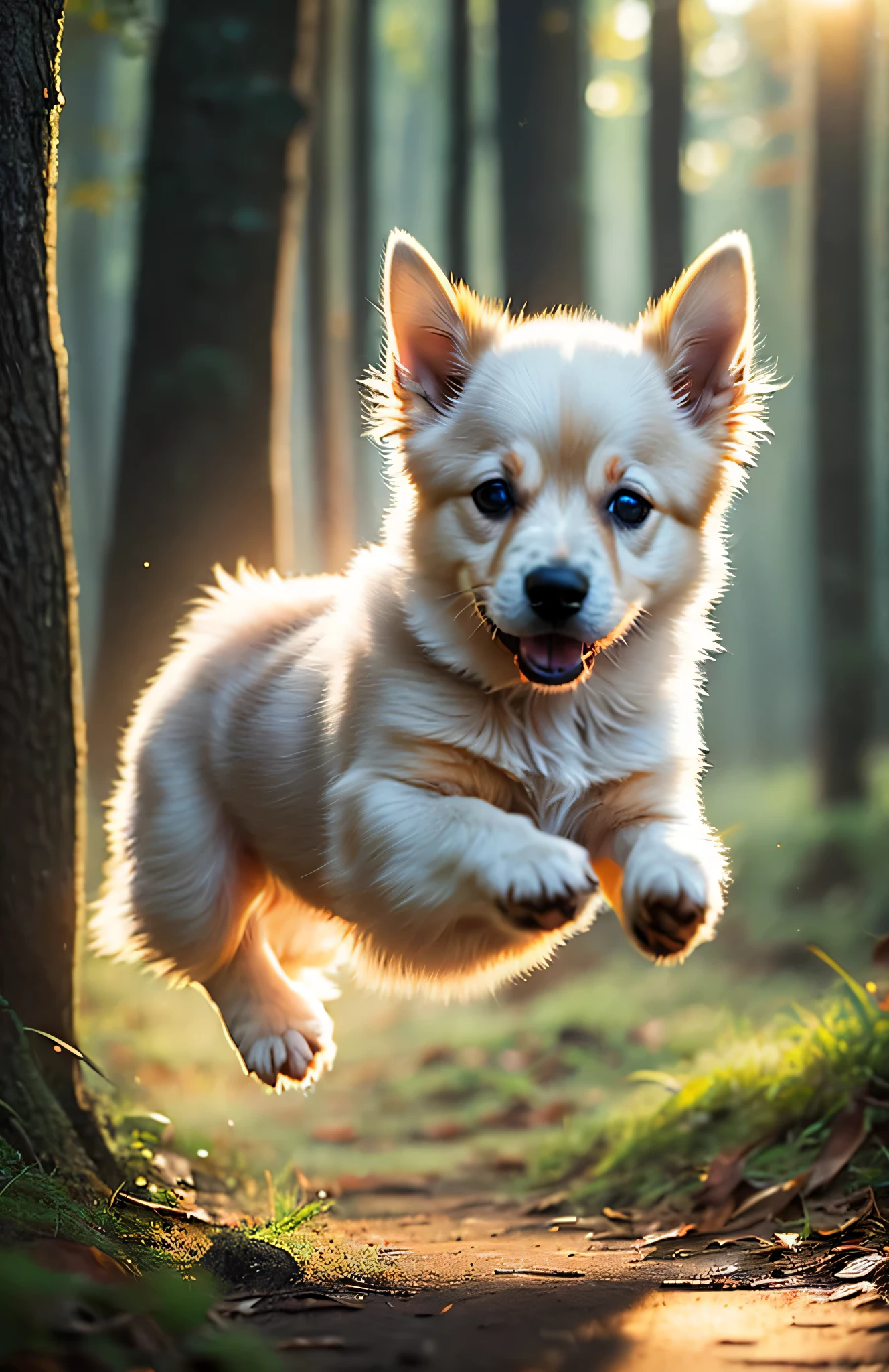 Close-up photo of a very cute puppy jumping in the woods, Soft Volume Light, (Backlight:1.3), (Cinematic:1.2), Intricate details, (Art Station:1.3), Rutkowski