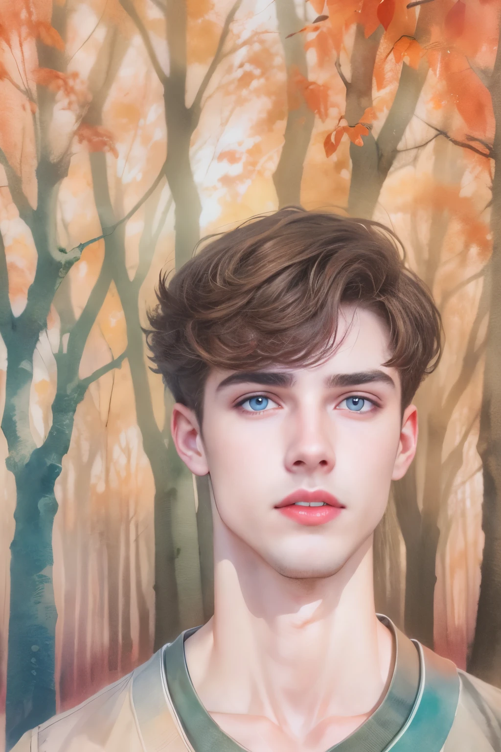 (a watercolor and pencil drawing of an incredibly handsome 20-year-old man with short dark brown hair, red-lips, olhos castanhos, corpo magro em forma, cores vivas, background with blue sky and trees