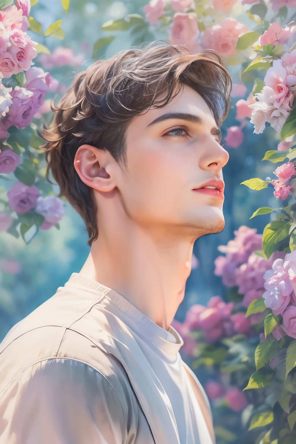 (a watercolor and pencil drawing of an incredibly handsome 20-year-old man with short dark brown hair, red-lips, olhos castanhos, corpo magro em forma, cores vivas, background with blue sky and trees