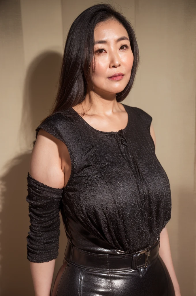 (top quality,masterpiece,ultra-detailed,photo realistic,Textured skin,anatomically correct,1.2),(upper body),(Black shiny rubber suit),(45 years old),(Japanese mature woman),Natural eyebrows,1 girl,