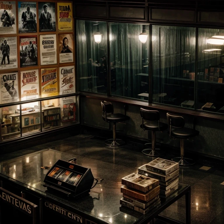 1950's The left wall of the empty movie ticket booth is covered with movie posters,There are many documents stacked and scattered on the gray cabinet in the middle.,Instead, there are three conversation seats facing forward, with a piece of glass serving as the ticket gate.,The interior of the tall hall can be slightly seen outside the glass.