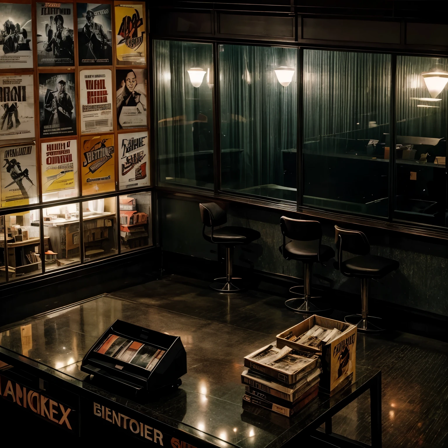 1950&#39;s The left wall of the empty movie ticket booth is covered with movie posters，There are many documents stacked and scattered on the gray cabinet in the middle.，Instead, there are three conversation seats facing forward, with a piece of glass serving as the ticket gate.，The interior of the tall hall can be slightly seen outside the glass.