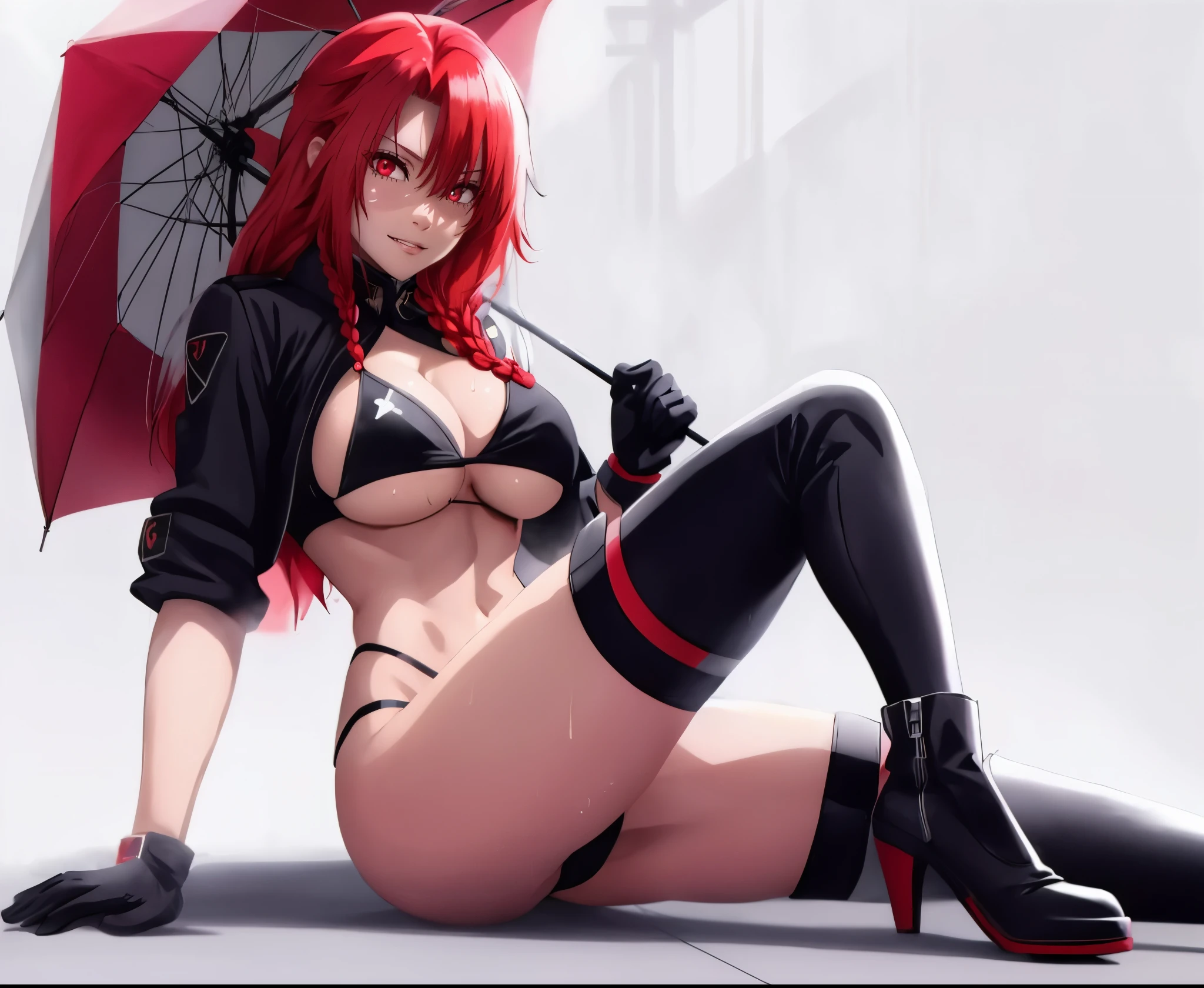 iris midgar, red hair, long hair, braid, red eyes, anatomically correct, heavy breathing, mature female, 1girl, breasts, gloves, sitting, bikini, thighhighs, large_breasts, umbrella, swimsuit, looking_at_viewer, thighs, race_queen, black_bikini, flag_print, solo, black_gloves,  navel, blush, boots, high_heels, black_legwear, eyebrows_visible_through_hair, underboob, "Vector art, Vivid colors, Clean lines, Sharp edges, Minimalist, Precise geometry, Simplistic, Smooth curves, Bold outlines, Crisp shapes, Flat colors, Illustration art piece, High contrast shadows, Technical illustration, Graphic design, Vector graphics, High contrast, Precision artwork, Linear compositions, Scalable artwork, Digital art", sweating, (shaded face:1.2), hollow eyes, red eyes, looking at viewer, (heavy breathing:1.2), smirk, upper teeth, lips, glowing eyes, nsfw