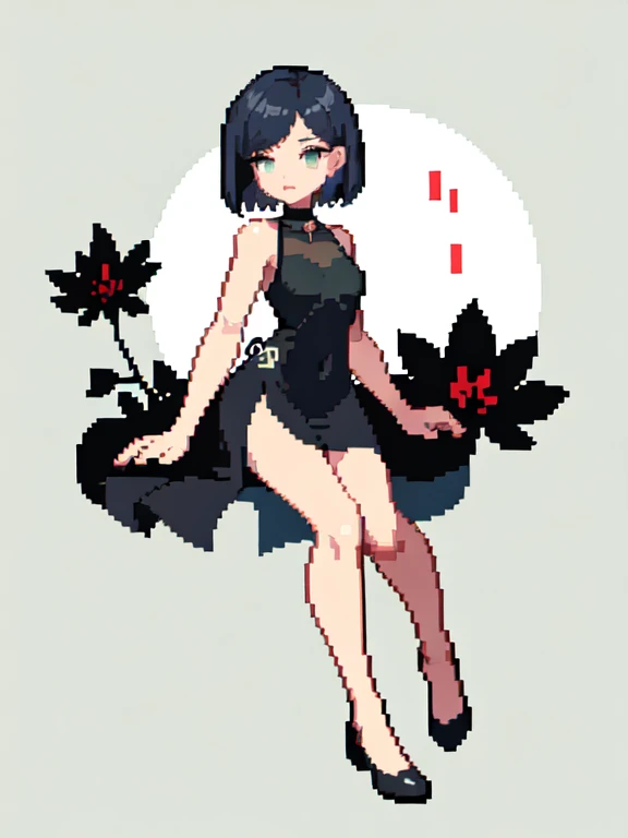 (masterpiece, top quality, best quality), pixel,pixel art,1girl,short hair,laying on the bed,black dress,full body, 
 