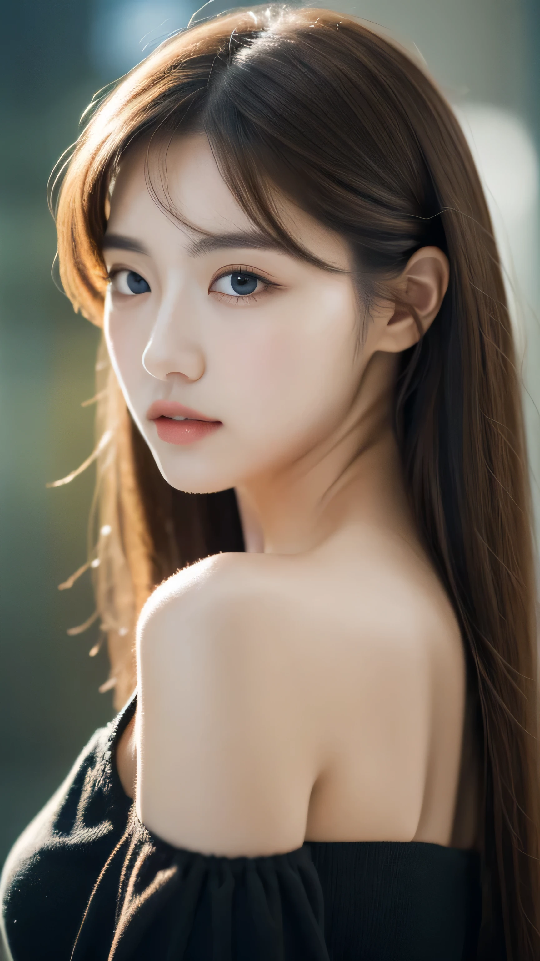 highest quality, Realistically, Super detailed, More about pubic hair, High resolution, 8k wallpaper, 24 year old beautiful woman,Light brown messy hair, Composition that shows the whole body、Woman in black off-the-shoulder, 体Composition that shows the whole body, Beautiful Eyes, Delicate Hair,