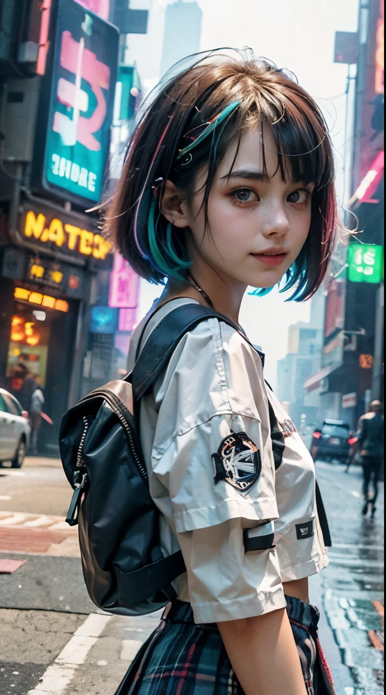 A colorful Bob cut haired punk canadian girl, smooth white skin, innocent look, 15 years old, Ultra high res, uhd, (photorealistic:1.4), cyberpunk outfit, ripped shirt, wink, smiling ear to ear, neon lighting, v-neck blouse, wearing skirt, backpack, colorful loose socks, full body shot, head to toe, fish eye lens, vogue pose, modelling,