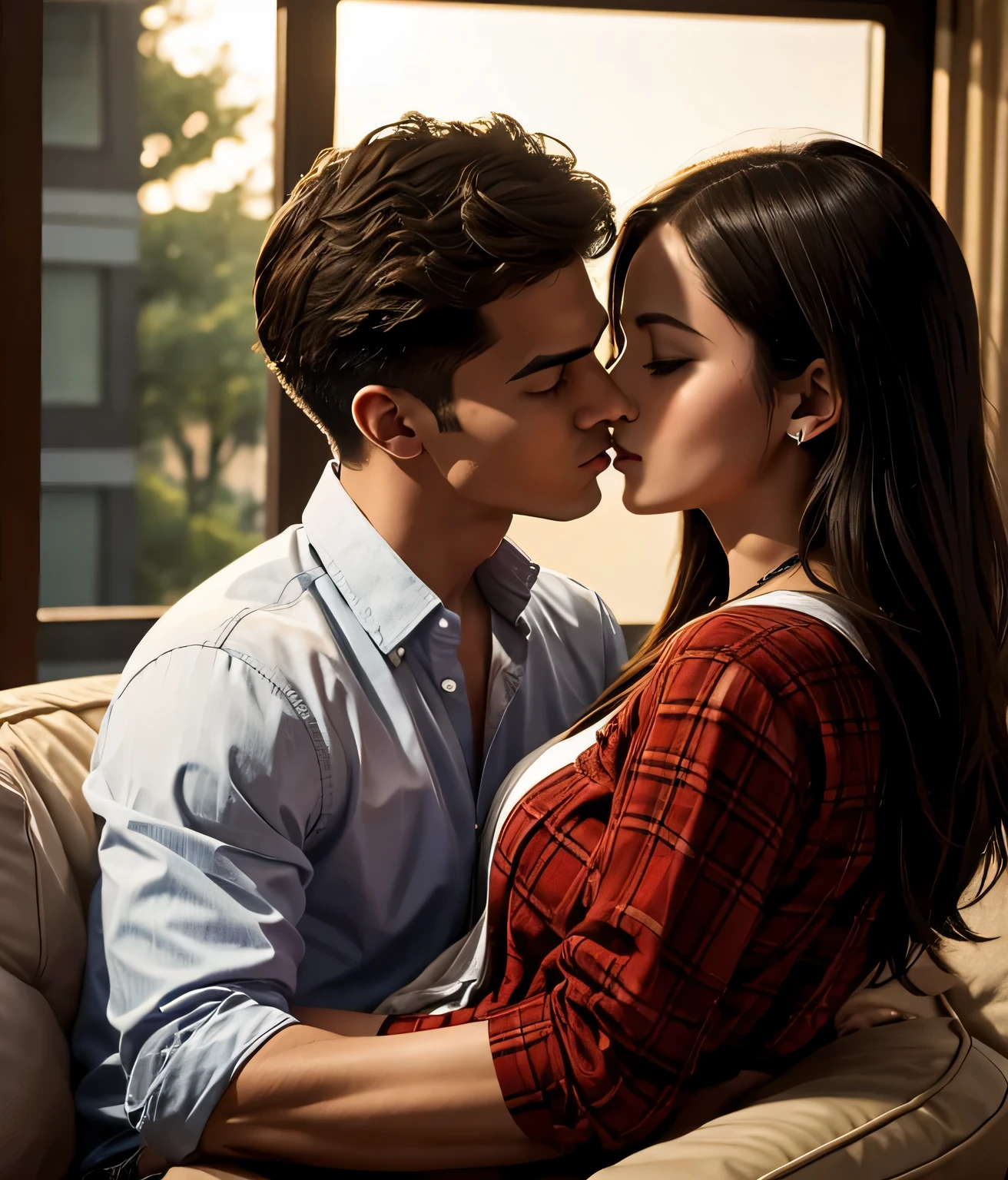 Young sexy woman wearing a dress sitting on lap of young man wearing a flannel shirt who is sitting on a chair, kissing, making out, passionately, dim lighting, sexy, hot, lustful