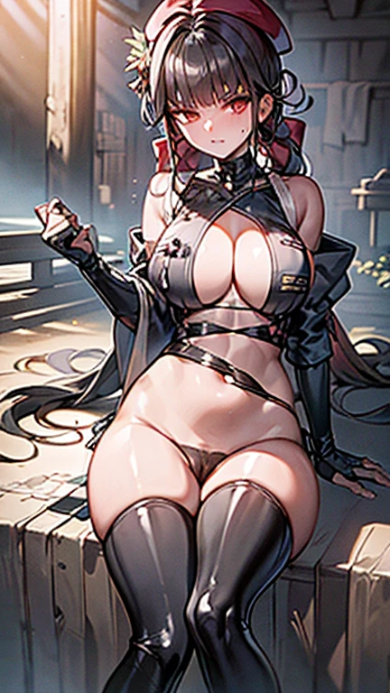 ubel,dark green hair,long hair,side ponytail,hair between eyes,bangs, BREAK (beret, black jacket, open clothes, cleavage, midriff, black shorts, black thighhighs, thigh strap, fingerless gloves, single glove:1.2), Photo,sharpness, F1.6 lens,hyper-realistic textures,spectacular light textures, Cinestil 800 Fashion Mechanics,(((Beautiful woman with left leg restrained and hung by chains))),Appearance,Beautiful girl with accentuated slender abs: 1.1,six-pack abs: 1.1, Bust Botox,Standing on tiptoe, long legs,Long brown hair fluttering in the wind,Brown hair, Long hair, Female Warrior Costume,(No panties,No bra),(tacticul battle fashion,elbow and knee tacticul battle fashion, battle glove: 1.1),((cute batre costume)),The belly comes out and the navel is visible,Thin sheer costume, combat gloves,shredded costumes,cyber long combat boots with golden knee pads,Anatomical,(futuristic sci-fi battle fashion, new elbow and knee cyberpads, new cyberlong boots, new cybergloves: 1.1),(tied perfectly by iron chain), Restraint, Slave, collars, contempt, (Chained), 4 chains hung from heaven, Metallic shackles and fetters, wet crotch clearly visible,((Hands are restrained above the head)), the neck is chained,Chain from left knee to heaven,Chained by rusty iron chains,((the tip is protruding, areolas protruding,The shape of the pubic area is clearly visible:1.2)),Sweating,Wet,Wet crotch,Wet thighs,Junkyard, Realistic, (cute, perfect clothes, skimpy clothes, cute: 1.3) ,Vast miritary base in us,((wide mirtary hospital with summer sunlight)), peeling ceilings, Rebar between, Realistic material details, Extreme details, Ultra-realistic materials,narrow waist,(with sparkling eyes and a contagious smile:0.9),looking at viewer,