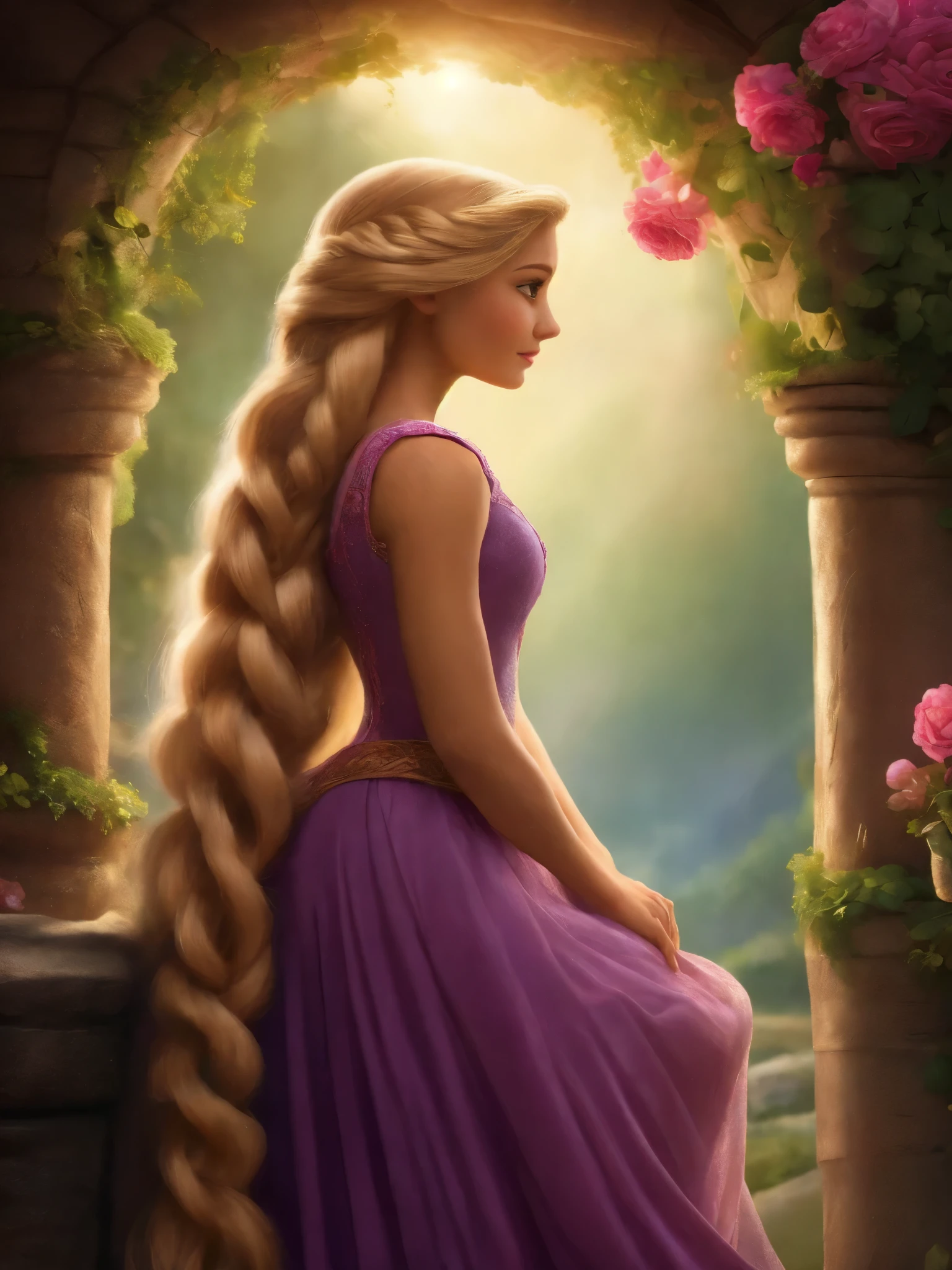 a close up of a woman with long blonde hair sitting in a doorway, rapunzel, blonde - haired princess, disney art style, princess portrait, beautiful princess, tangled, long braided blond hair, beautiful female princess, beautiful digital artwork, art in the style of disney, beautiful fantasy art portrait, long blond braided hair, beautiful fantasy art