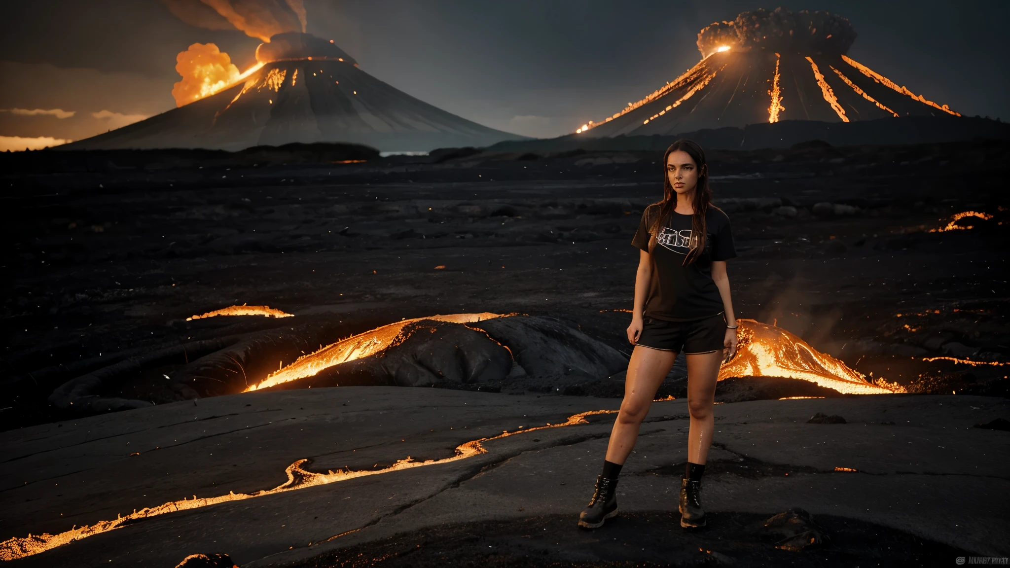 A woman of normal build, com cabelos castanhos molhados e seios pequenos, it is very sweaty and wet, gotas de suor em seu corpo, vestido com uma camiseta leve encharcada, shorts e botas, standing on incandescent lava against the backdrop of an erupting volcano, dark sky in smoke, Flames from the ground, shoes are visible