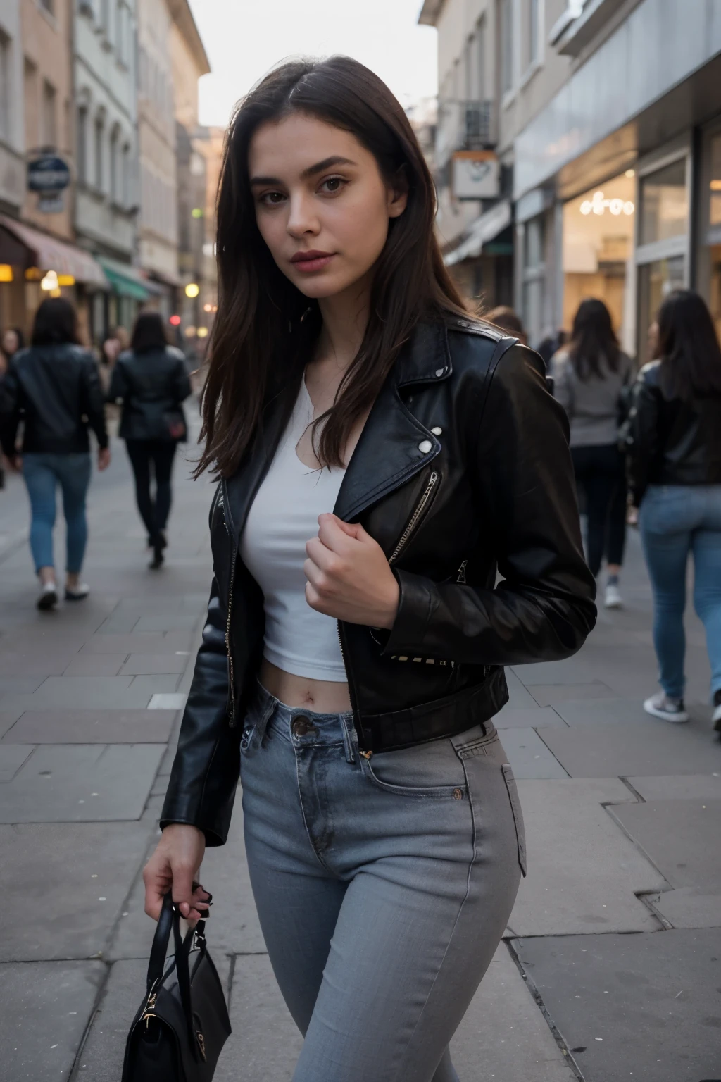 ((best quality)), ((masterpiece)), (detailed), perfect face, skinny body, A photo of the Italian influencer walking in front her store on Piazza St cinematographic shot with iPhone 2024, Instagram story style, the woman is wearing black leather jacket and grey jeans, she has long dark hair, holding handbag, night time, posted to snapchat stories 
