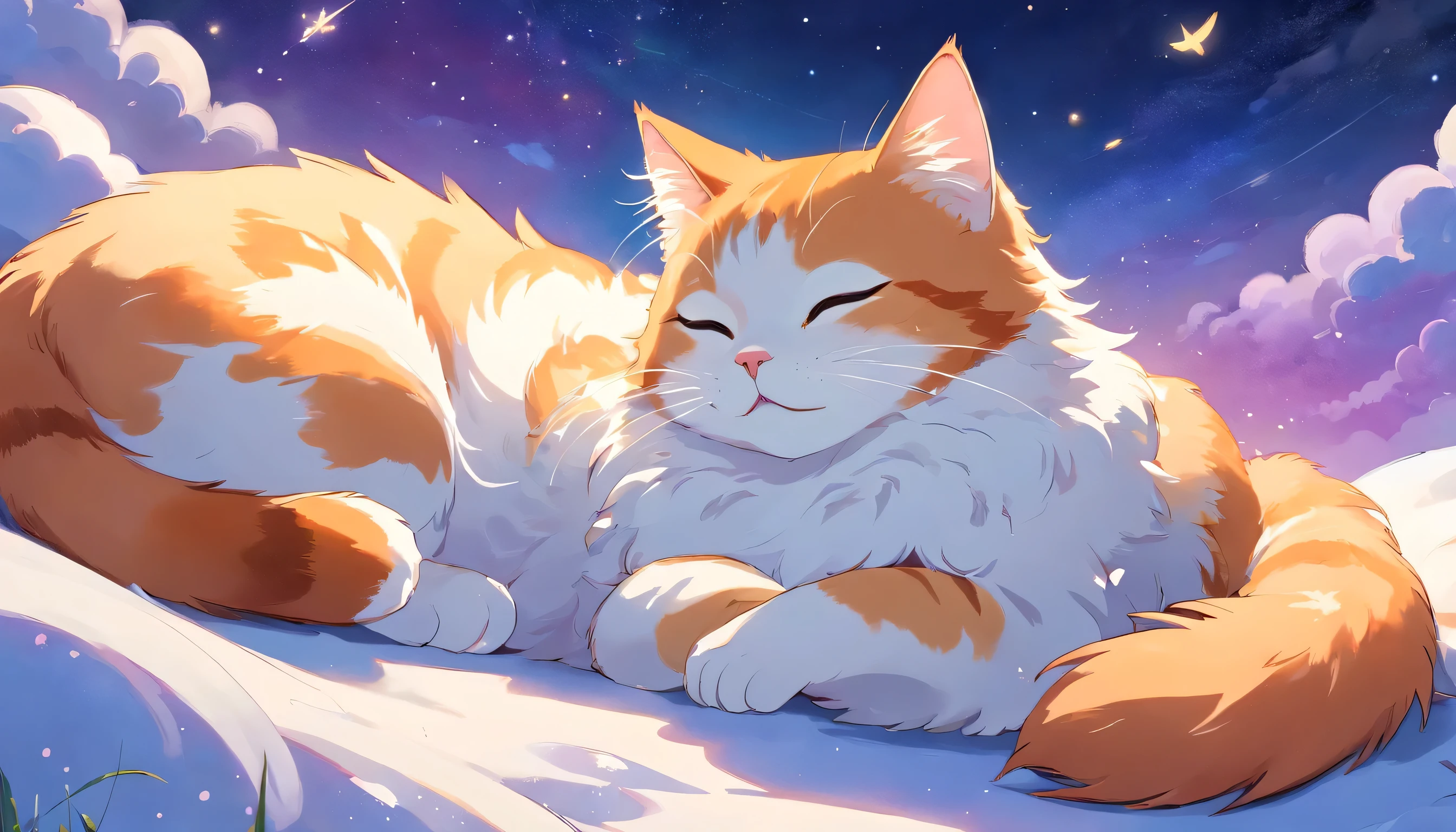 The angle of view is a close-up,HD, Disney Pixar style, digital painting, natural lighting, rich background, edge lighting, dreamy color tone, color palette, aspect ratio 16:9This picture depicts a small orange-and-white cat lying peacefully on a cloud that looks like snow, with its eyes closed, as if enjoying a sweet dream. The cat’s expression is very calm and content, with its mouth corners slightly turned up as if it’s smiling. The background of the painting is a dreamlike starry sky, adorned with dangling stars and soft halos, some of which connect with graceful lines to create a quiet and peaceful night atmosphere.The overall style can be described as full of fantasy and fairy-tale colors. The entire image is dominated by warm and bright colors, The use of color is soft and layered; the orange and white cat contrasts sharply with the dark blue and purple background, creating a warm versus cool tone that enhances the snug feel of the picture.presenting a peaceful, warm, and pleasant feeling that makes one’s mood very relaxed and happy after looking at it. In addition, the details of the painting are exquisitely handled, such as the texture of the cat’s fur, the fluffiness of the clouds, and the twinkling starlight, all of which add to the picture’s delicacy and charm.