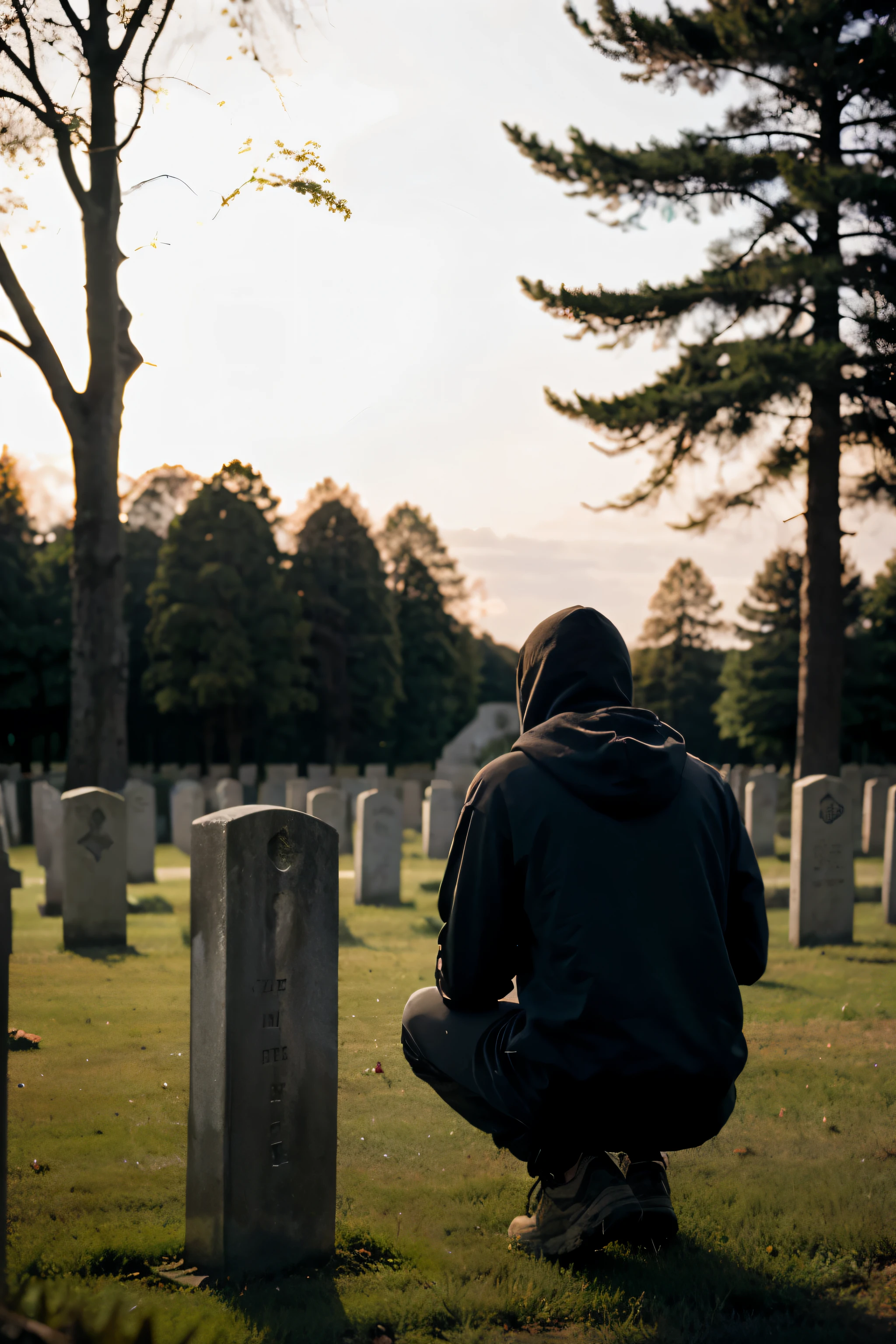 Man in a hoodie looking at a soldier's grave stone, photo from behind, from a distance